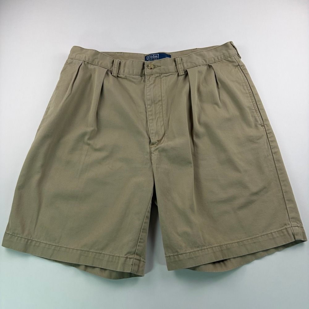 Polo Ralph Lauren Tyler Short Mens 35 Khaki Tan Pleated Cotton Chino Shorts VTG
